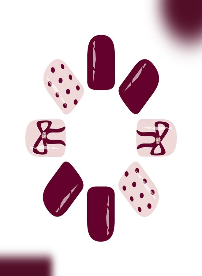 OSTTMA Wine Red Press on Nails Short Square Fake Nails with Polka Dot Bow Designs Cute Polka Dots False Nail Full Cover Bow Glue on Nails Acrylic Stick on Nail for Women Manicure Decoration 24Pcs - Image 3